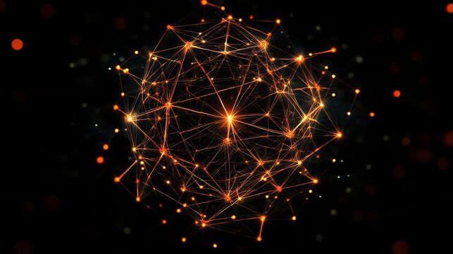 Abstract sphere of interconnected nodes.  Orange lines radiate from a central point