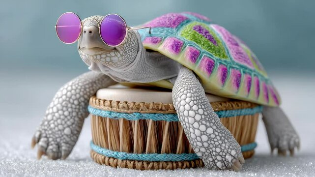 Turtle wearing sunglasses and a colorful patterned shell sits on a wooden drum. The scene is playful and whimsical, with the turtle's unique appearance and the drum's musical connotations