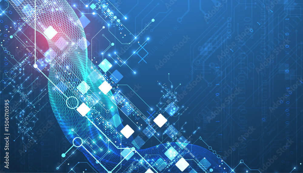 Aufkleber Abstract data background with wireframe wave and circuit lines. Technology concept. Vector