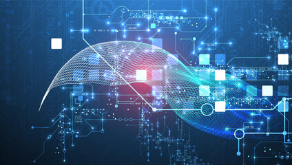 Abstract data background with wireframe wave and circuit lines. Technology concept. Vector