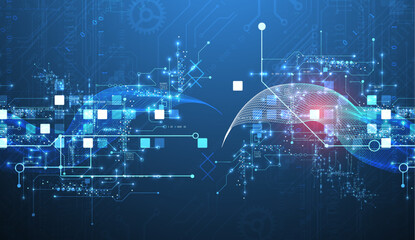Obraz premium Abstract data background with wireframe wave and circuit lines. Technology concept. Vector