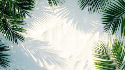 Palm leaves frame a surface of white beach sand with copy space 