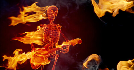 Scary burning skeleton playing rock guitar. 3D rendering and real fire flames