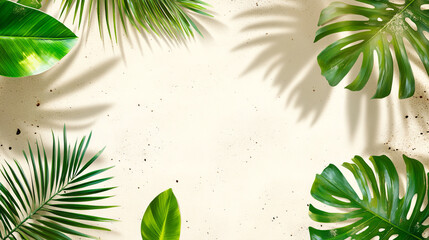 Palm leaves frame a surface of white beach sand with copy space 