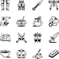 Collection of Samurai Culture Doodle Style Icons 

