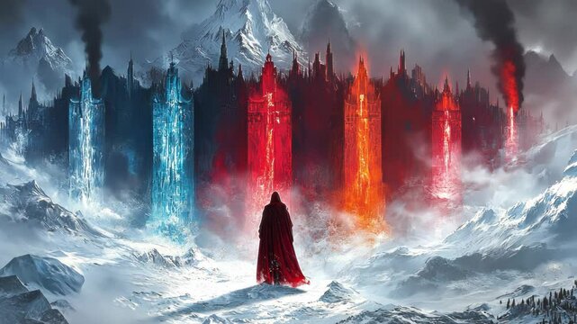 A cloaked figure confronts five elemental towers amidst a snow-capped, fiery mountain range