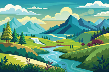 Scenic mountain landscape with river, waterfall, and lush greenery