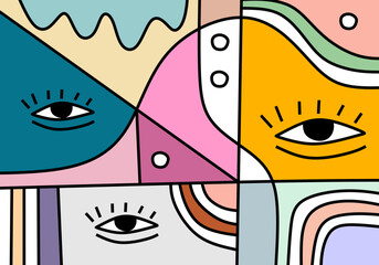 A bold abstract cubist composition highlighting expressive eyes within colorful geometric blocks.