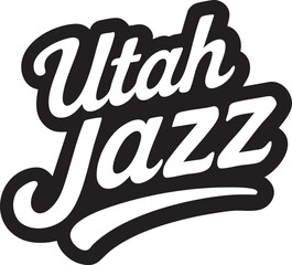 Utah Jazz team logo featuring black-outlined letterform in stylized white script typography