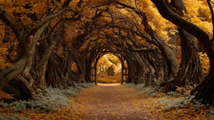 Fototapeta premium Autumnal Tree Tunnel Path with Gate