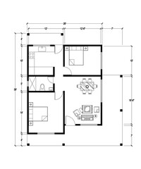 2D Floor plan black and White Isolated with Furniture For House Home villas apartments 