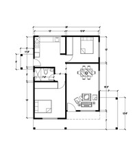 2D Floor plan black and White Isolated with Furniture For House Home villas apartments 
