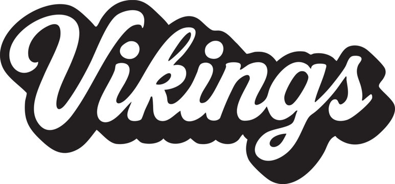 Bold white and black Vikings lettering representing scandinavian medieval warriors, raiders and pirates, suitable for sports teams, apparel and events