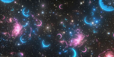 dreamy celestial frame with scattered neon blue and magenta crescent moons and pulsating stars, softly glowing against a black cosmic void with hints of swirling nebulas