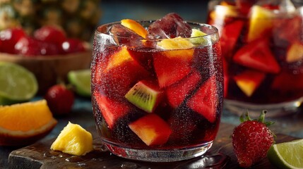 Refreshing Red Sangria with Assorted Fruits in Glass
