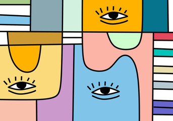 A bold abstract cubist composition highlighting expressive eyes within colorful geometric blocks.