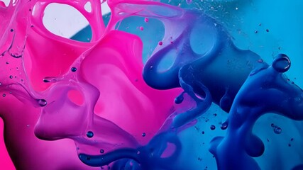 Two colors of paint, pink and blue, splattered on a white background. The colors are vibrant and contrasting, creating a dynamic and energetic mood. The splatters of paint suggest a sense of movement - Powered by Adobe