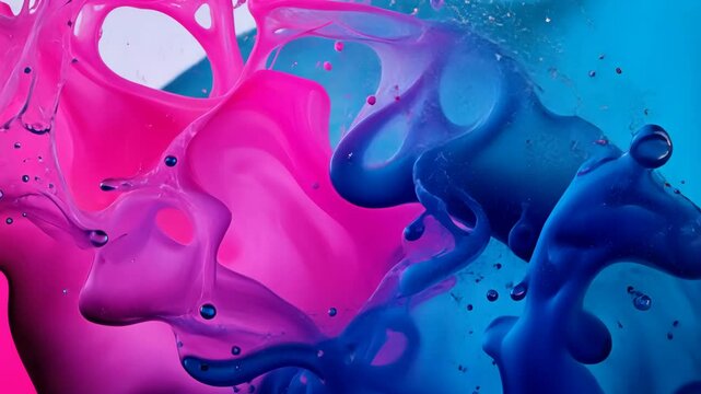 Two colors of paint, pink and blue, splattered on a white background. The colors are vibrant and contrasting, creating a dynamic and energetic mood. The splatters of paint suggest a sense of movement