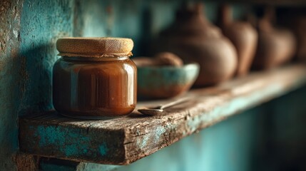 Rustic Wooden Shelf with Honey Jar and Pottery