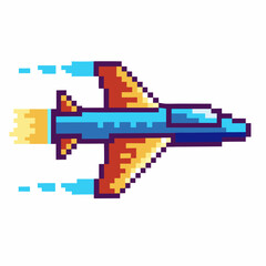 retro pixel art rocket soaring through space, vibrant colors, nostalgic video game style, dynamic movement