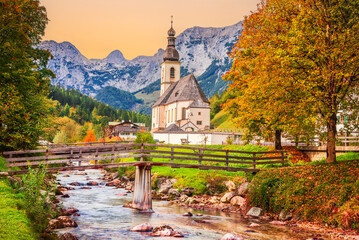 Ramsau am Berchtesgaden, Germany. Autumn colored landscape in Bayern Land.
