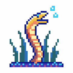 Obraz premium Pixel art eel in underwater scene, bubbles and sea plants