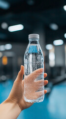 Bottle of water in hand against the background of a gym. Sports lifestyle.	
