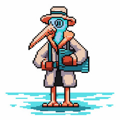 Pixel art doctor bird in protective suit with hat and bag