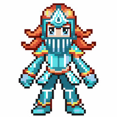 pixelated warrior in detailed blue armor with orange hair retro game character, digital art, pixel art fantasy fighter