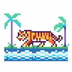 Obraz premium pixel art tiger walking by river retro pixelated orange tiger, palm trees, tropical scene, digital game