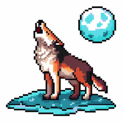 Fototapeta premium pixel art wolf howling at the moon on icy ground blue moonlit night scene, retro gaming