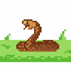 Fototapeta premium Pixel art cobra with raised hood in grass, retro game design