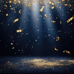 Naklejka premium Dark blue stage with spotlight, gold confetti, and glitter, creating a celebratory atmosphere
