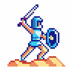 Fototapeta premium Pixel art warrior with sword and shield retro 8 bit game character in action stance on pixelated terrain