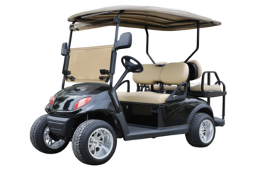 Four Passenger Golf Cart with Tan Seats and Canopy with a transparent background