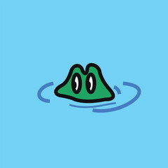 Vector illustration of a green crocodile design in a lake with only the top of its head, forehead and eyes visible.
