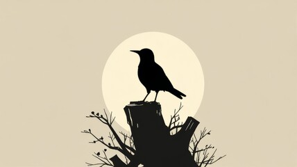 A minimalist illustration featuring a black silhouette of a bird 