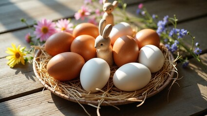 Rustic Easter Flat Lay with Natural Eggs, Wooden Bunnies, and Wildflowers on Wooden Table

