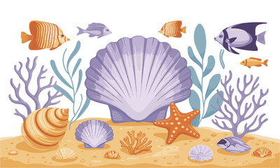 Modern vector-style illustration set featuring a variety of ocean-themed elements, easily editable and scalable.