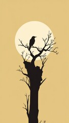 A minimalist illustration featuring a black silhouette of a bird 