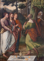 Naklejka premium LODI, ITALY - MAY 21, 2025: The painting of Abraham Hosts the Tree Angels in church Chiesa Beata Vergine Incoronata by Callisto Piazza (1529 - 1561).