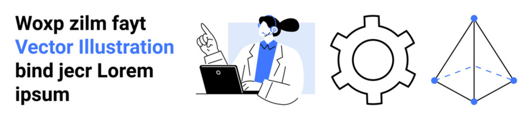 Woman in a lab coat working on a laptop, gear icon symbolizing process, 3D geometric shape for design. Ideal for science, innovation, creativity, processes, design, technology simple landing page