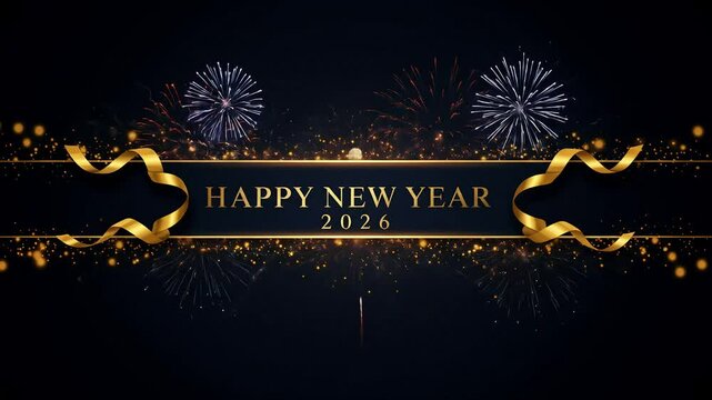  Stylish "Happy New Year 2026" greeting in golden ribbon oval frame offers festive, elegant design.
