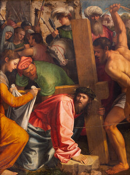 LODI, ITALY - MAY 21, 2025: The painting Veronica wipes the face of Jesus (part of cross way) in church Chiesa Beata Vergine Incoronata by Callisto Piazza (1529 - 1561).