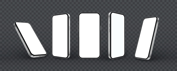 Phone mockup set in 3d style isolated on transparent png background. Realistic silver grey smartphone in different angles view with shadow for ui ux app presentation. Realistic 3d vector mobile phone.