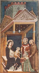  LODI, ITALY - MAY 21, 2025: The fresco of Madonna with the St. Francis of Assisi and by St. Nichlas and Antonio Fissiraga who presents the model of the church by anonymous Lombard master form 14. cent © Renáta Sedmáková