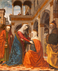 Naklejka premium LODI, ITALY - MAY 21, 2025: The renaissance painting of Visitation in the church Chiesa Beata Vergine Incoronata by Ambrogio Bergognone (1500).