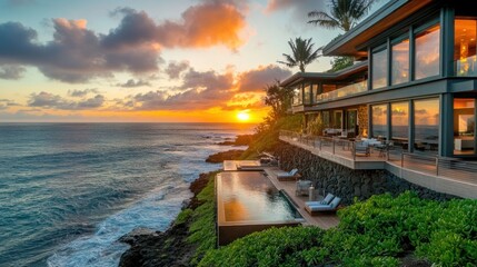 Naklejka premium Luxurious cliffside home with ocean views at sunset