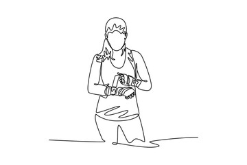 Single continuous line drawing beauty female boxer ready to exercise with her hands covered in boxing wraps. Active lifestyle, body, strength. Dynamic one line draw graphic design vector illustration