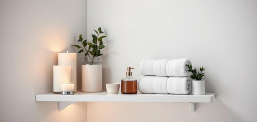 White corner shelf with candles, linen towels, and bathroom essentials,   bathroom decor,  furniture